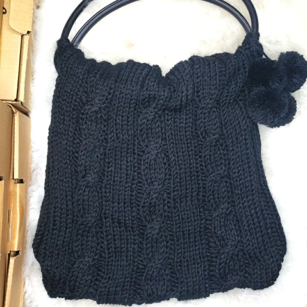 Vintage Sweater cable knit bag purse black pom pom